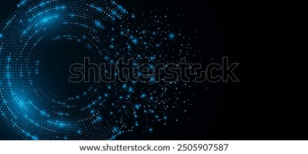 Abstract digital circles of blue glowing dots. Information particles in a neural network. Big data visualization into cyberspace. Futuristic background. Vector illustration.