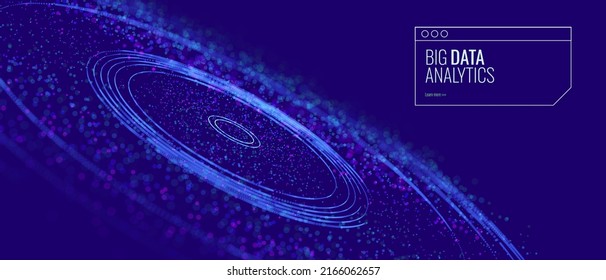 Abstract Digital Circles of Particles. Futuristic Circular Sound Wave. Big Data Visualization. 3D Virtual Space VR Cyberspace. Crypto Currency Blockchain Concept. Vector Illustration.