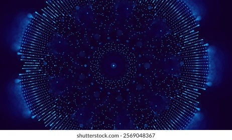 Abstract Digital Circles of Particles. Futuristic Circular Sound Wave. Big Data Visualization. 3D Virtual Space VR Cyberspace. Crypto Currency Concept. Vector Illustration.