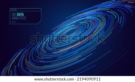 Abstract Digital Circles of Particles. Futuristic Circular Sound Wave. Big Data Visualization. 3D Virtual Space VR Cyberspace. Crypto Currency Blockchain Concept. Vector Illustration.
