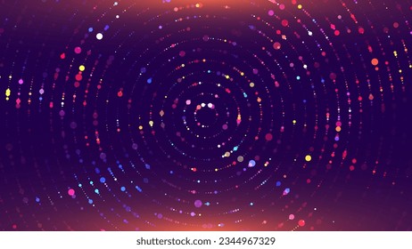 Abstract Digital Circles of Particles with Noise. Futuristic Circular Sound Wave. Big Data Visualization. 3D Virtual Space VR Cyberspace. Vector Illustration.