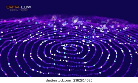 Abstract Digital Circles of Particles with Noise. Futuristic Circular Sound Wave. Big Data Visualization. 3D Virtual Space VR Cyberspace. Crypto Currency Concept. Vector Illustration.