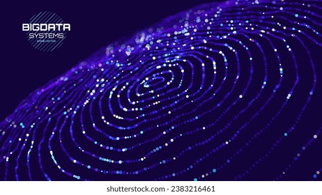 Abstract Digital Circles of Particles with Noise. Futuristic Circular Sound Wave. Big Data Visualization. 3D Virtual Space VR Cyberspace. Crypto Currency Concept. Vector Illustration.