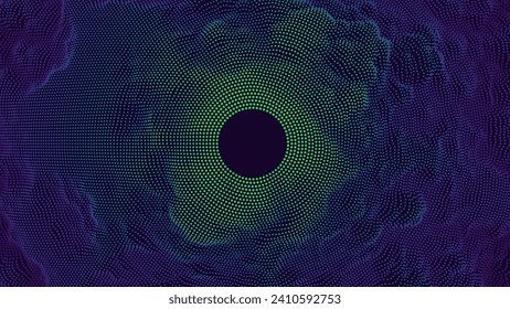 Abstract Digital Circles of Particles with Noise. Futuristic Circular Sound Wave. Big Data Visualization. 3D Virtual Space VR Cyberspace. Crypto Currency Concept. Vector Illustration.