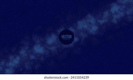 Abstract Digital Circles of Particles with Noise. Futuristic Circular Sound Wave. Big Data Visualization. 3D Virtual Space VR Cyberspace. Crypto Currency Concept. Vector Illustration.