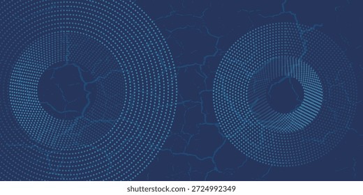 Círculos digitais abstratos de partículas com ruído. Onda Sonora Circular Futurista. Visualização de Big Data. Espaço virtual 3D VR Cyberspace. Conceito de Moeda Criptografada. Ilustração de vetor.