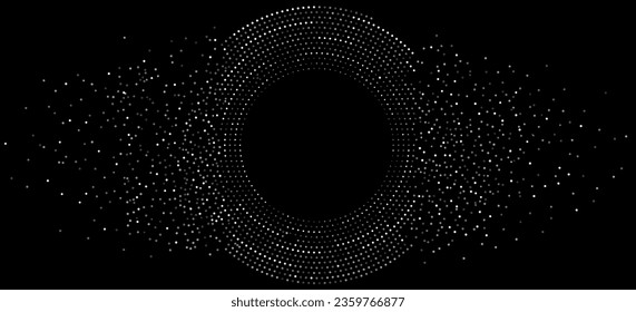Abstract digital circles of white particles. Big Data visualization into cyberspace. Network Information Decay. Futuristic modern background. Vector illustration. EPS 10.