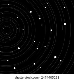 Abstract digital circles of white particles. Big Data visualization into cyberspace. Network Information Decay. Futuristic modern background. Vector illustration. Map of the planets.