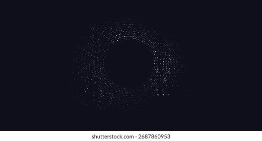 Abstract digital circles of white particles. Big Data visualization into cyberspace. Network Information Decay. Futuristic modern background.