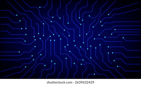 Abstract digital circuit board background with glowing blue lines and nodes representing technology, data connections, and electronic systems