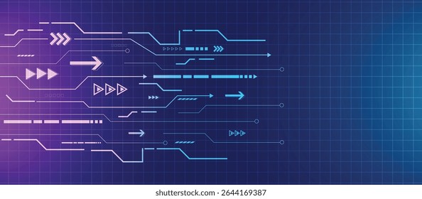 Abstract digital circuit board background with neon blue and purple lines for technology and innovation themes.