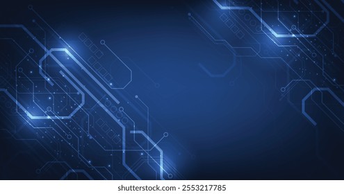 Abstract digital Circuit board blue technology background.Vector abstract technology illustration Circuit board on dark blue background.High-tech circuit board connection system concept.	