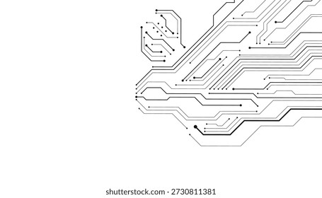 Abstract digital circuit board design on the right side, featuring black lines and dots against a white background, symbolizing technology.