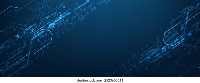 Abstractas placa de circuitos digitales con líneas azules brillantes y Elementos tecnológicos sobre un fondo oscuro, que simbolizan la tecnología avanzada y la electrónica moderna.