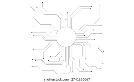 Abstract digital circuit board with interconnected lines and dots forming a network on a white background.