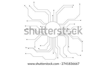 Abstract digital circuit board with interconnected lines and dots forming a network on a white background.