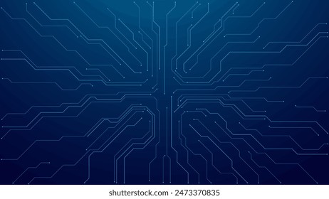 Abstract digital circuit board on technology blue background. Circuit connected lines and dots on abstract motherboard. Navy gradient tech bg. AI innovation concept.  Futuristic vector illustration.