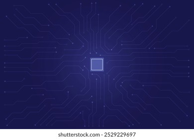 Placa de circuito digital abstrata no fundo azul da tecnologia. Circuito conectado linhas e pontos na placa-mãe abstrata.  Ilustração de vetor tecnológico de gradiente da Marinha.