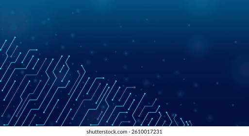 Abstract digital circuit board on a blue technological background. Circuit board with connected lines and dots. Technological background with a navy blue gradient. AI innovation concept. 