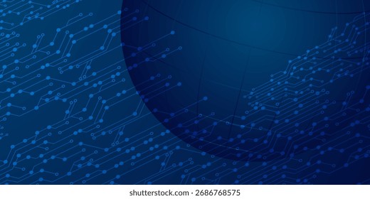 Abstrakte digitale Leiterplatte auf elektrischblauem technologischem Hintergrund. Platine mit verbundenen Leitungen und Punkten auf einer abstrakten digitalen Hauptplatine. Modern