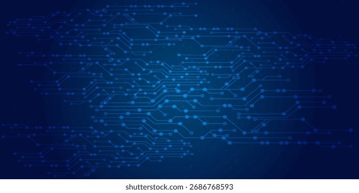Abstract digital circuit board on an electric blue technological background. Circuit board with connected lines and dots on an abstract digital motherboard.