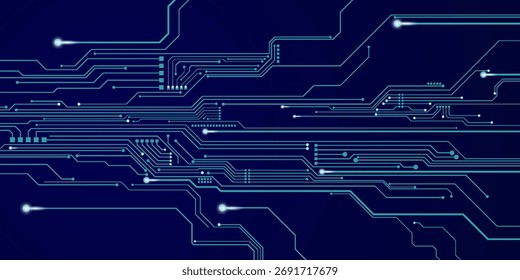 Abstrakte digitale Leiterplatte auf elektrischblauem technologischem Hintergrund. Platine mit verbundenen Leitungen und Punkten auf einer abstrakten digitalen Hauptplatine. 