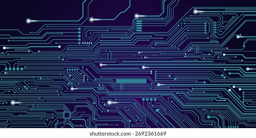 Abstrakte digitale Leiterplatte auf elektrischblauem technologischem Hintergrund. Platine mit verbundenen Leitungen und Punkten auf einer abstrakten digitalen Hauptplatine. 