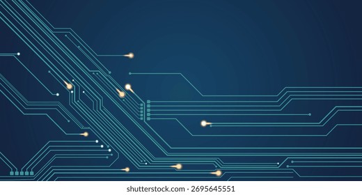 Abstrakte digitale Leiterplatte auf elektrischblauem technologischem Hintergrund. Platine mit verbundenen Leitungen und Punkten auf einer abstrakten digitalen Hauptplatine. 