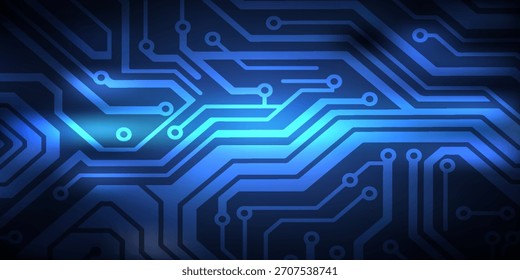 Placa de circuito digital Abstractas sobre un fondo tecnológico azul eléctrico. Placa de circuito con líneas conectadas y puntos en una placa base digital abstracta.