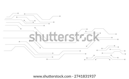 Abstract digital circuit board pattern with gray lines and dots forming connections on a clean white background.