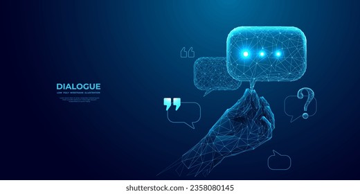 Abstract digital close-up hand holding speech ballon on technology blue background. Chatbot or social media concept in low poly wireframe futuristic style. Question mark, quote, or dialogue icons.