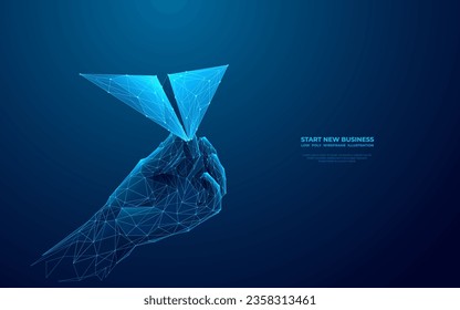 Abstract digital close-up hand holding paper airplane on technology blue background. Launching a paper airplane launch as a metaphor for starting a new business. Futuristic low poly wireframe vector.