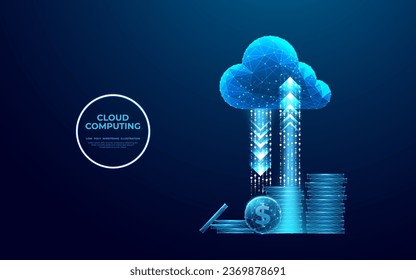 Resumen nube digital con flechas arriba y abajo y torre de monedas en dólares. Concepto de minería en la nube o tecnología de inversión digital. Ilustración vectorial de malla baja en estilo azul holográfico futurista. 