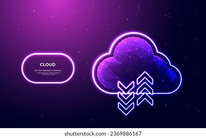 Abstract digital cloud computing icon with neon arrows up and down on a futuristic cyberpunk blue-purple background. Neon light arrows and low poly cloud storage icon. Data technology concept.