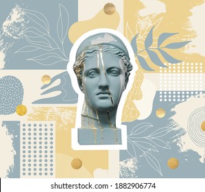 Abstract digital collage poster blue head diana hunter with gold-decorated plaster and isolatet floral and doodle circle elements background.Creative design template for banner,cover social media post