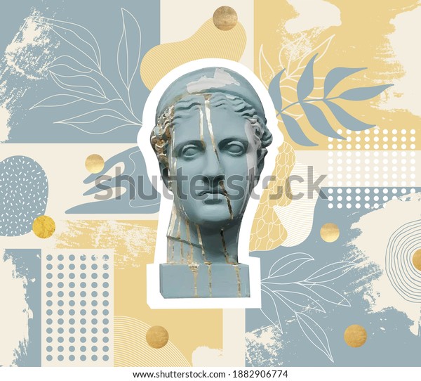 Abstract digital collage poster blue head diana\
hunter with gold-decorated plaster and isolatet floral and doodle\
circle elements background.Creative design template for\
banner,cover social media\
post