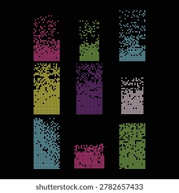 Abstract digital composition featuring nine colorful pixel blocks dissolving or fragmenting upwards, creating a modern visual representation of data corruption or technological disruption