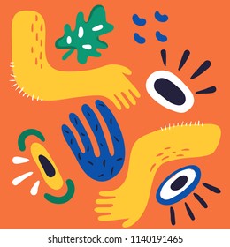 Abstract Digital Composition Of Human Eyes, Hands And Floral Elements. Contemporary Art, Modern Graphic Design. Bright Vector Illustration For Card, Print, Poster, Banner, Background, Brochure, Cover