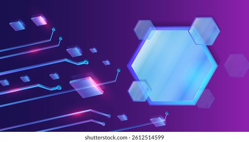 Abstract digital concept design perfect for tech, innovation, and electronic themes. High tech concept. Futuristic technology background with glowing circuit elements and 3D blocks on a blue gradient.