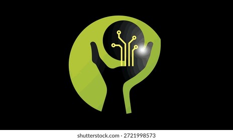 Um conceito digital abstrato apresenta uma placa de circuito dentro de uma forma, segurada por mãos estilizadas, em preto