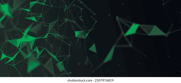 Abstract digital connection moving dots and lines. Technology background. Network connection structure. Colored polygonal space. Plexus effect. 3d Widescreen. Vector illustration.