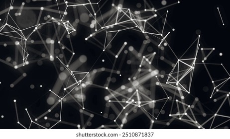 Abstract digital connection moving dots and lines. Technology background. Network connection structure. Colored polygonal space. Plexus effect. 3d Widescreen. Vector illustration.