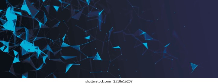 Abstract digital connection moving dots and lines. Technology background. Network connection structure. Colored polygonal space. Plexus effect. 3d Widescreen. Vector illustration.
