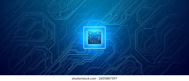 Abstract digital CPU AI chip or semiconductor with light bright neon on circuit blue board on technology background. Computer processor. Web banner or presentation tech bg. Vector illustration.