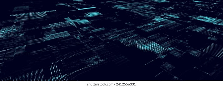 Abstract digital cyberspace with moving particles. Cyber security database. Matrix technology decoder. Futuristic hi-tech background with blue dots. High speed big data. Vector illustration.