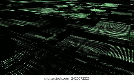 Abstract digital cyberspace with moving particles. Cyber security database. Matrix technology decoder. Futuristic hi-tech background with green dots. High speed big data. Vector illustration.