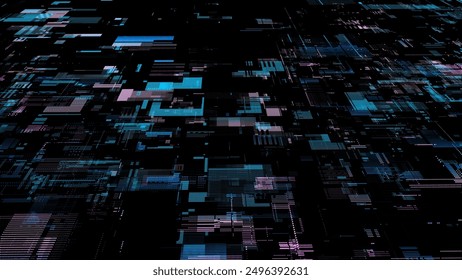 Abstractas ciberespacio digital con partículas en movimiento. Base de datos de ciberseguridad. Decodificador de tecnología Matrix. Fondo futurista de alta tecnología con colores y puntos. Big data de alta velocidad. Ilustración vectorial.