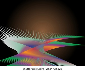 Abstrato digital com um fundo escuro que desaparece para marrom no meio, criando um efeito de luz suave. Na frente, um padrão curvo que lembra as asas ou as barbatanas de um peixe é visível