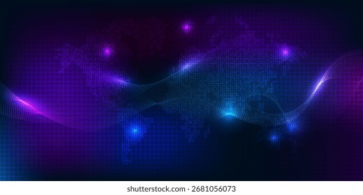 Abstract digital data communication futuristic technology background with wave wireframe structure.Artificial intelligence and big data technology concepts.Vector illustrations