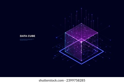 Abstract digital data cube in technology futuristic wireframe style. Isometric polygonal 3D box in light blue and purple on dark background. Blockchain, Big Data and Artificial Intelligence concepts. 